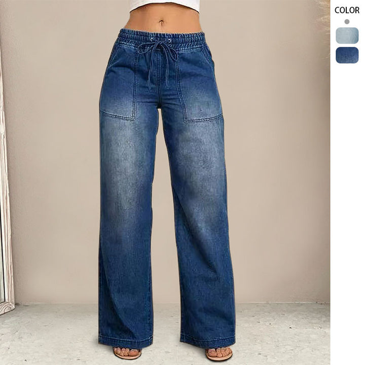 Dame wide-cut jeans med elastisk talje og trendy slidt udseende