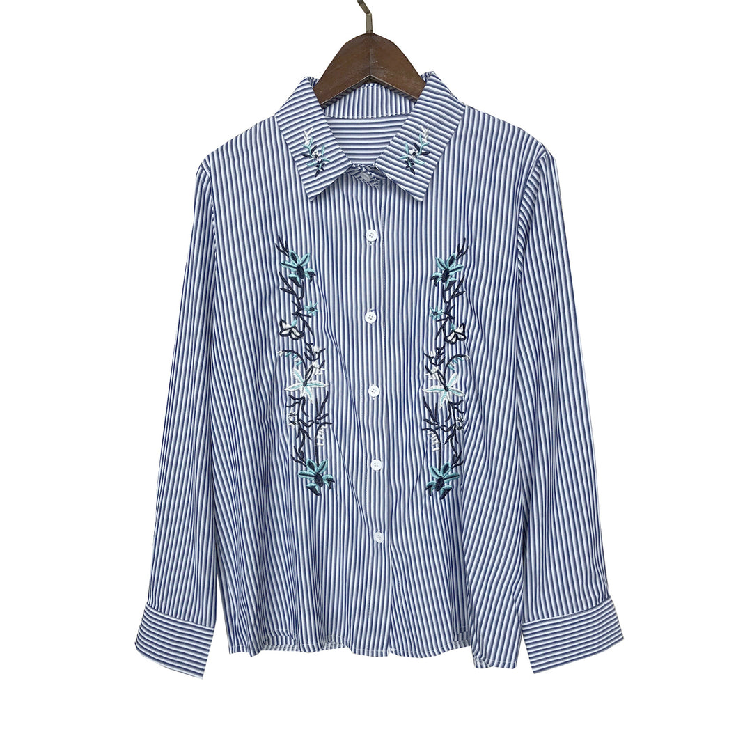 Dame stribet bluse med blomsterbroderi Stilla
