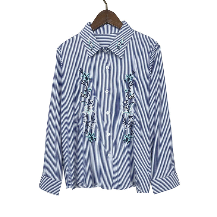 Dame stribet bluse med blomsterbroderi Stilla