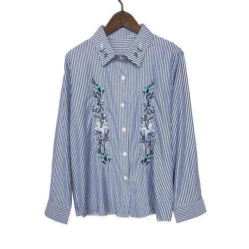Dame stribet bluse med blomsterbroderi Stilla