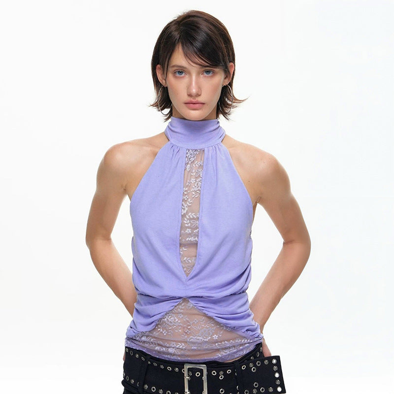 Dame elegant strappy top med gennemsigtige indsatser og rynkning Skovae
