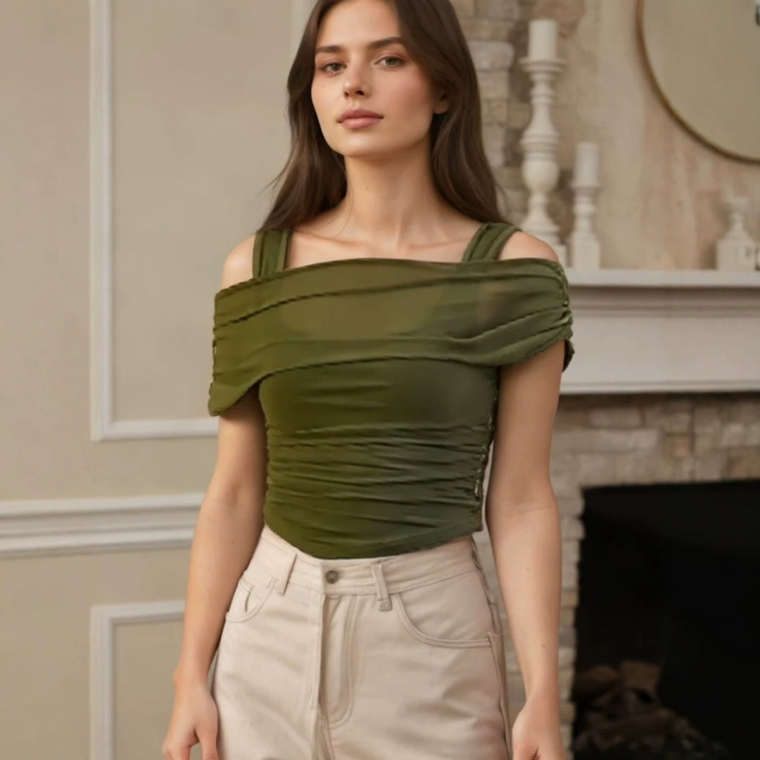 Dame Off-Shoulder Top med Rynkning Skovae