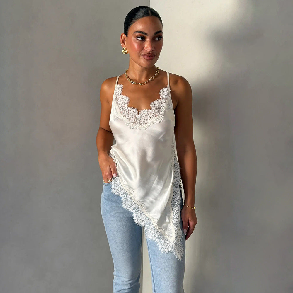 Dame satin top med spidse detaljer Skovae