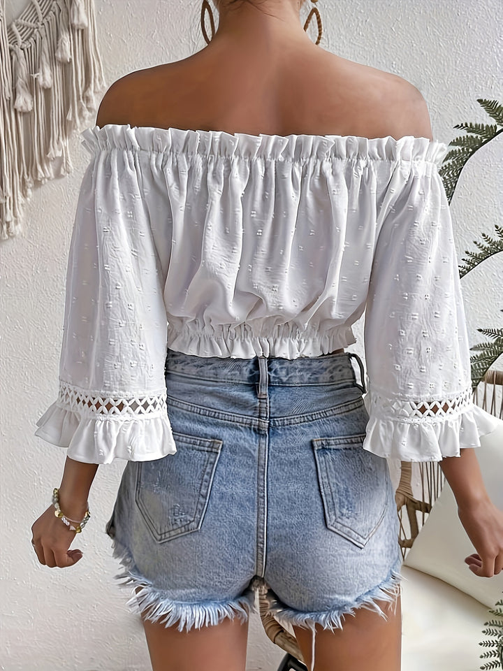 Dame afslappet Off-Shoulder Crop-Top med flæsekant og dekoreret ærmeåbning Stilla