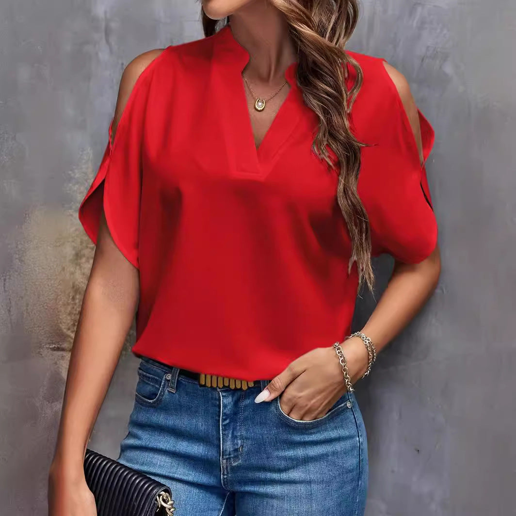 Dame Elegant Bluse med Cut-Out-Ærmer og V-Udskæring Stilla