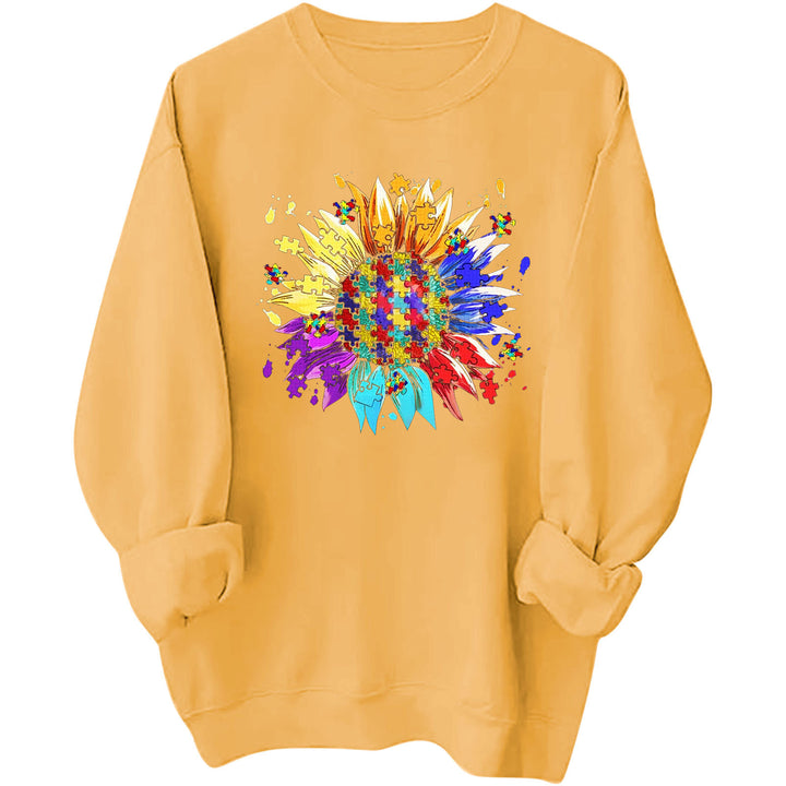 Kvindernes sweatshirt med kreativ puslespilsblomst design og en behagelig pasform Stilla