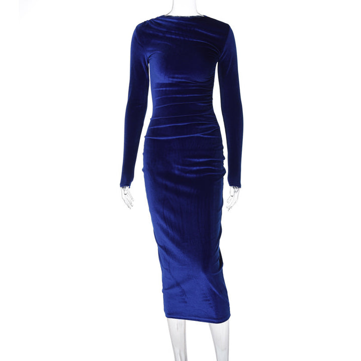 Dame Langærmet Satin-Midi-Kjole med Draperingsdetaljer og Figurvenlig Snit Stilla