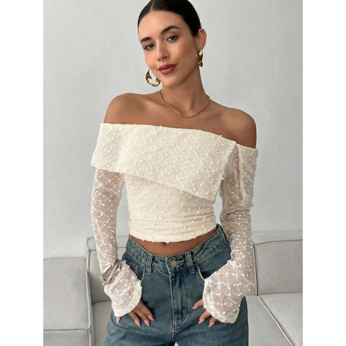 Damen Off-Shoulder Oberteil mit eleganten Rüschendetails und langen Ärmeln Skovae