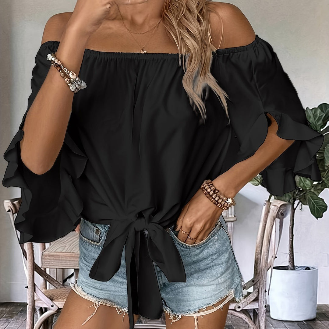Dame off-shoulder bluse med flæsedetaljer og taljebinding Skovae