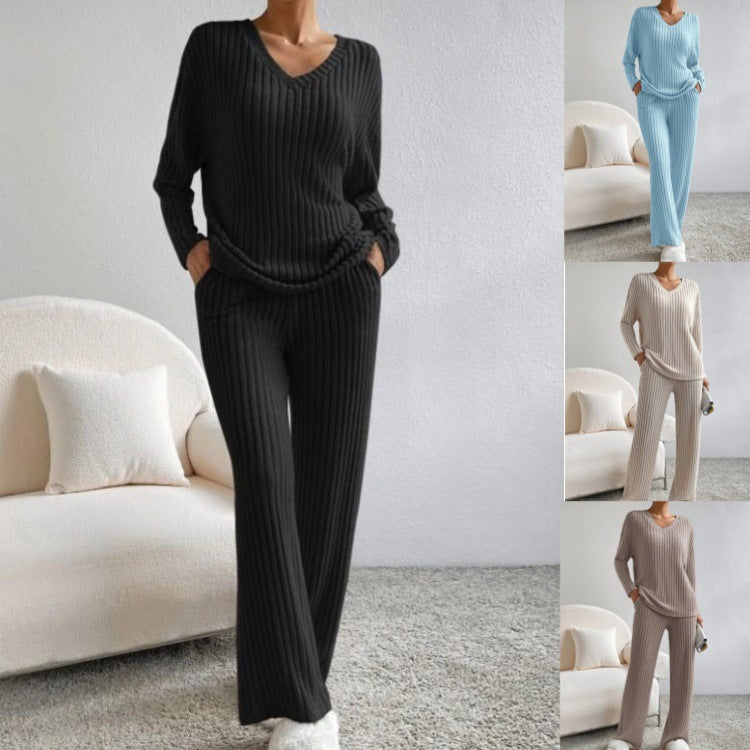 Dame afslappet strik-loungewear-sæt med V-hals og elastisk talje Stilla