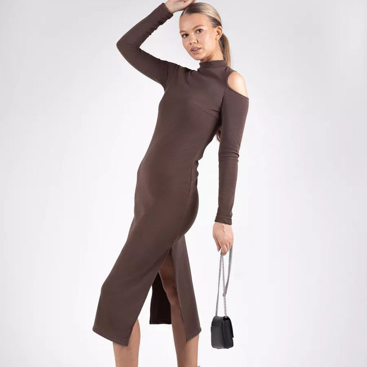Dame figursyet Off-Shoulder midi kjole med lange ærmer og siden slids Stilla