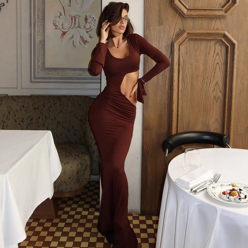 Dame elegant Maxi-kjole med asymmetrisk cut-out og rynker Skovae