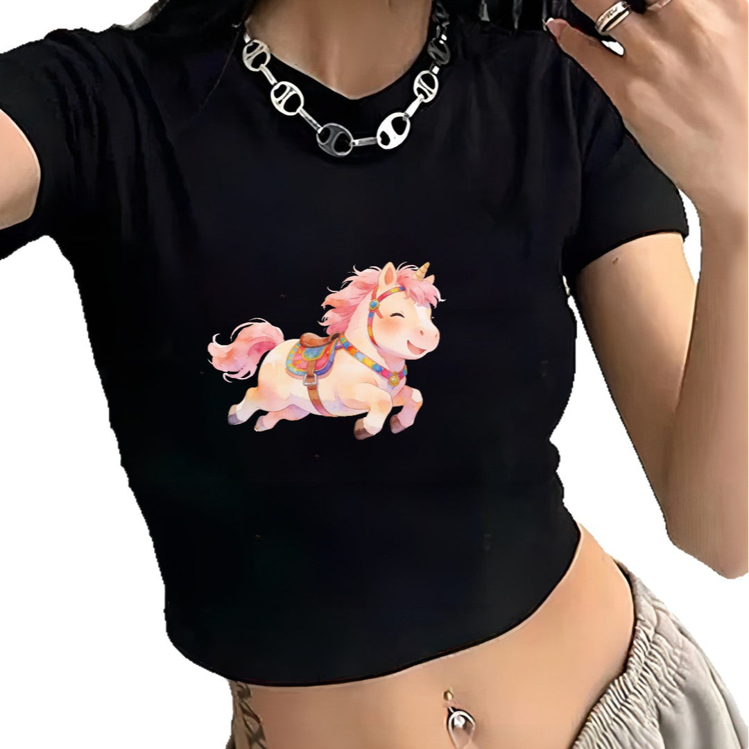 Dame Crop-T-shirt med legende illustreret enhjørningemotiv Skovae