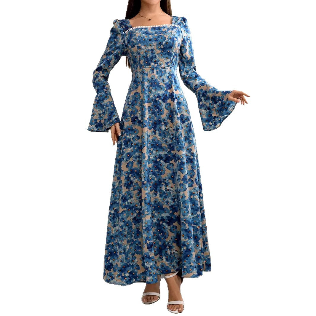 Dame elegant maxikjole med florale mønstre og voluminøse ærmer Stilla