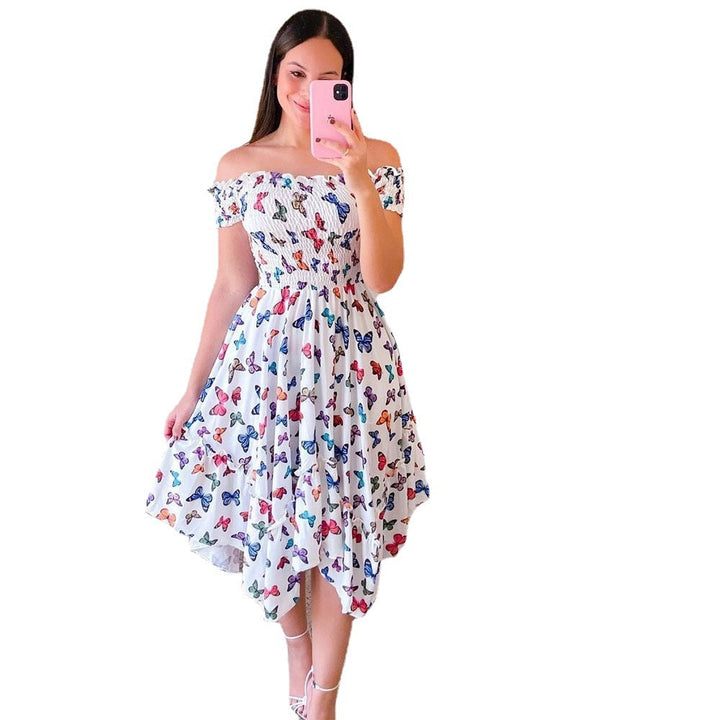 Stilla | Elegant Skulder-Baring Print Midi Kjole