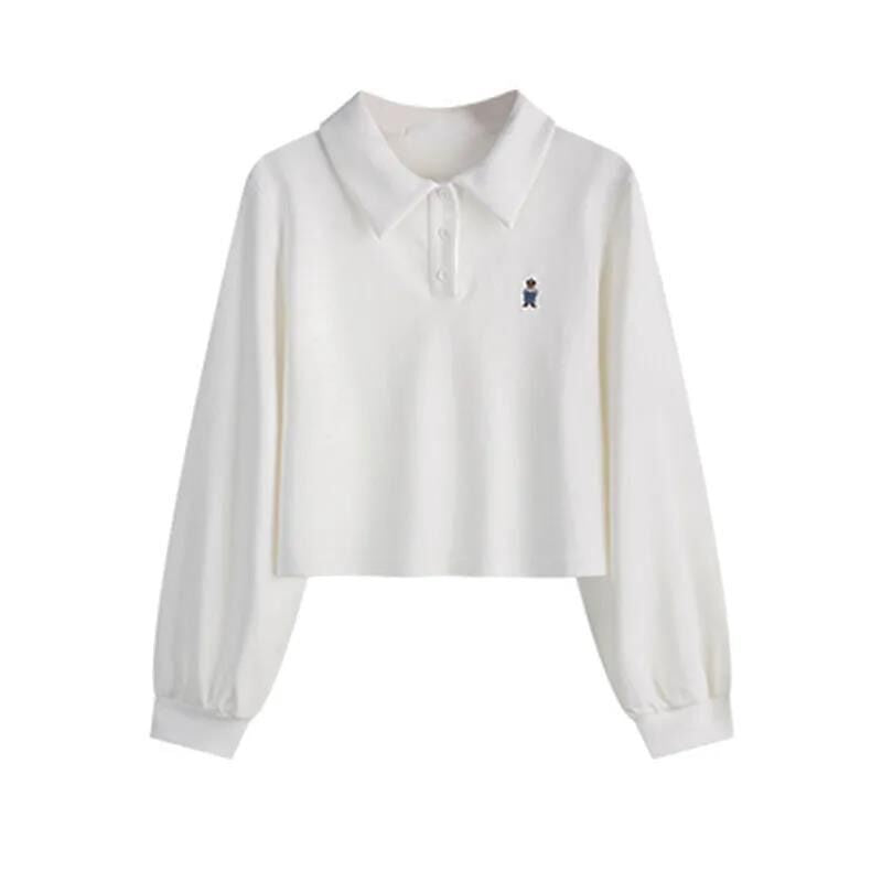 Dame skåret langærmet polo-top med stilfuld broderi Stilla