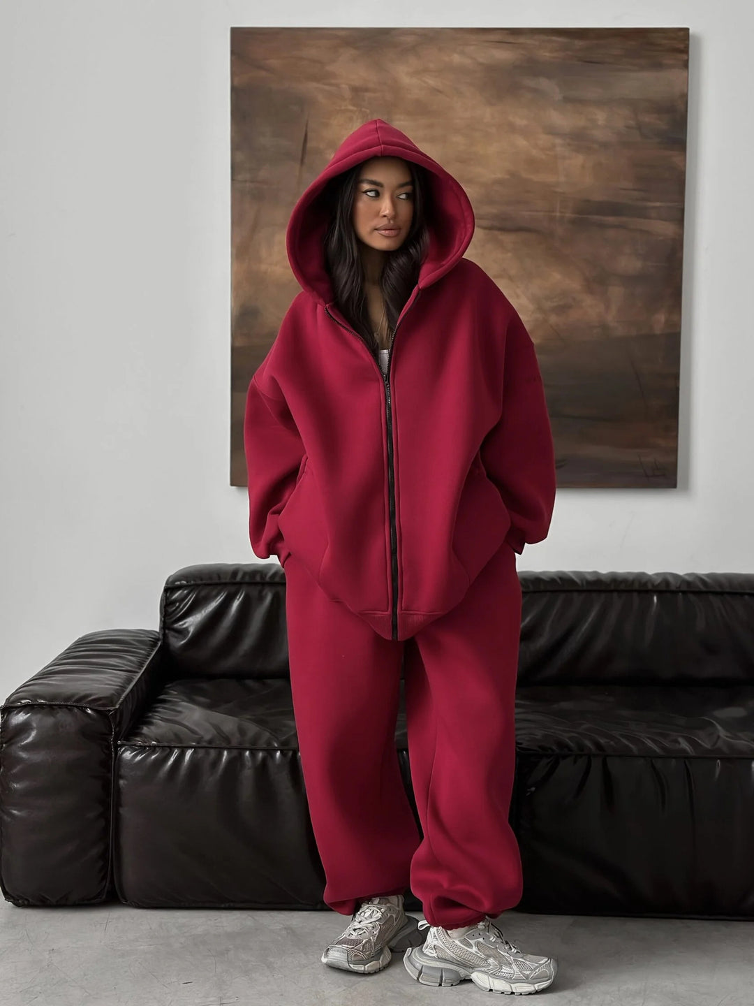 Dame Oversized Hoodie-Sæt med brede Bukser Stilla