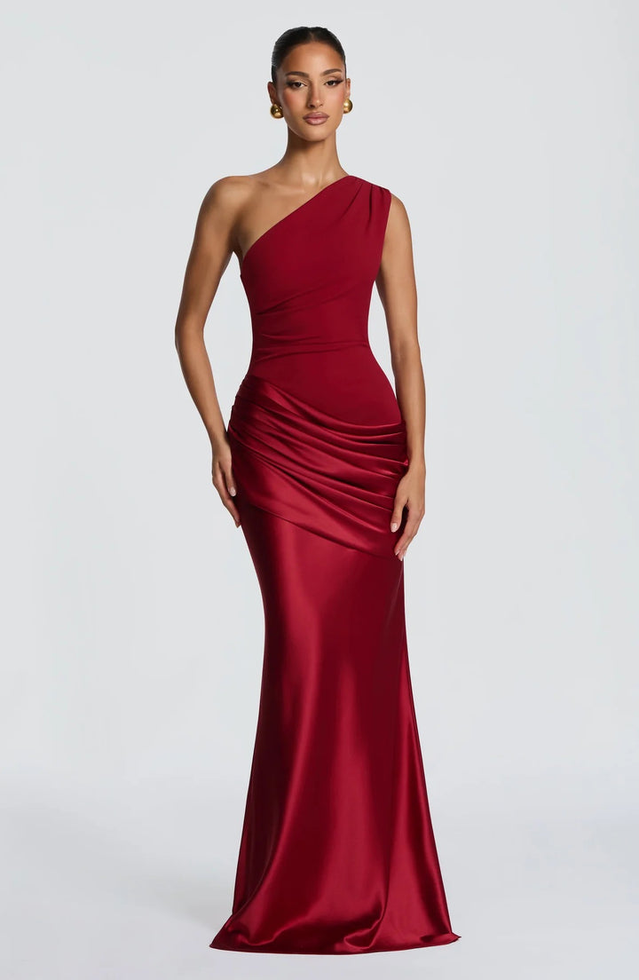 Dame elegant asymmetrisk satin aftenkjole med drapering design Skovae