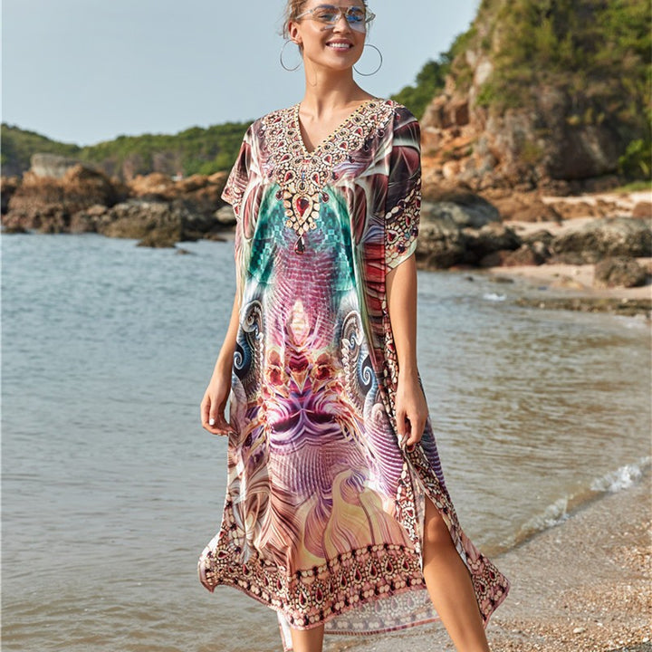 Dame luftig strandponcho med kunstneriske mønstre Stilla