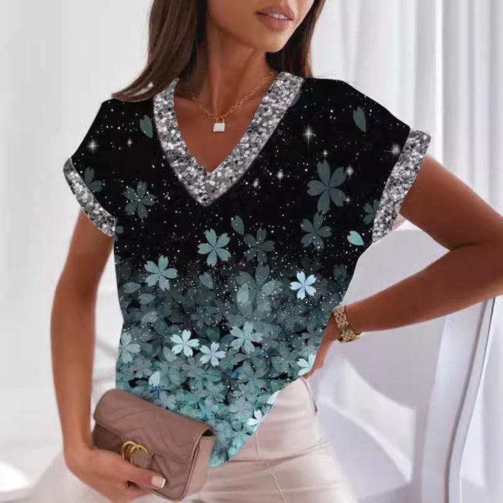 Stilla | Trendy Print V-Hals Batwing Ærme T-shirt