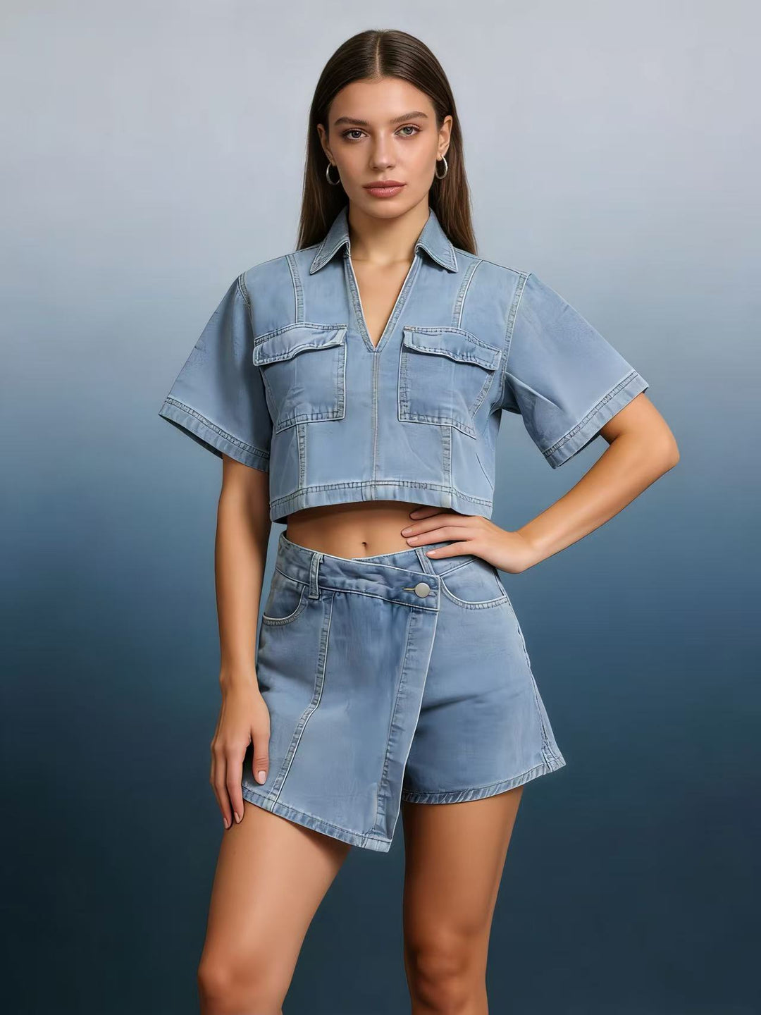 Dame stilfuld cropped skjorte med påsyede lommer og afslappede shorts Skovae