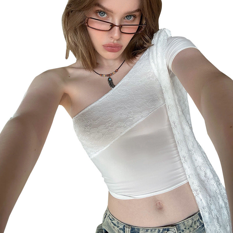 Dame Elegant og raffineret Spidsen One-Shoulder Bluse Skovae