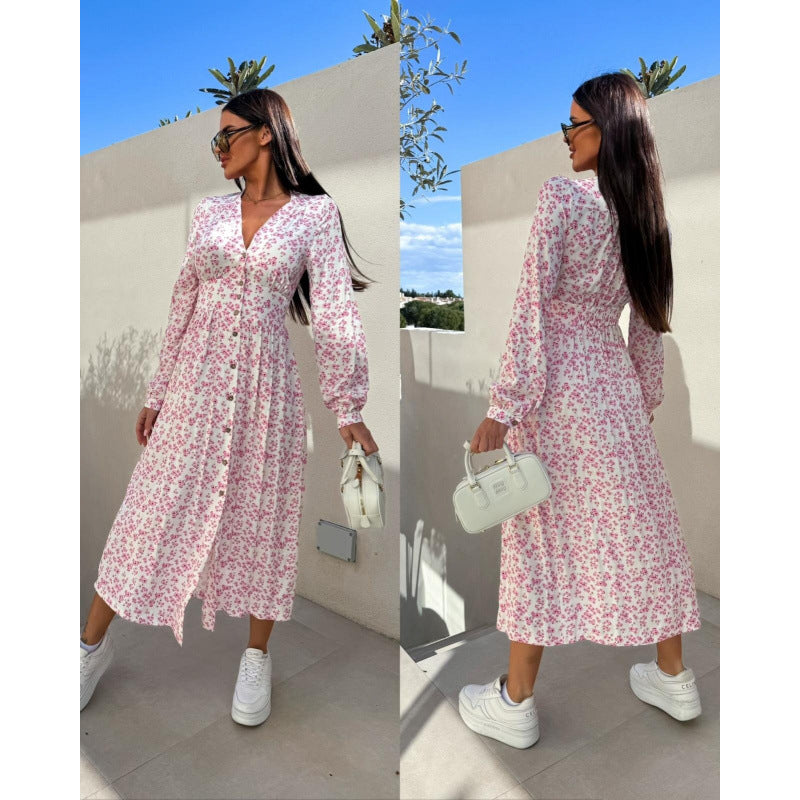 Dame Floral Print Maxi Kjole med justerbart taljebælte Stilla