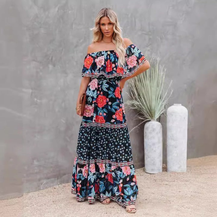 Damer Off-Shoulder Floral Maxi Kjole med Flæsedetalje Stilla