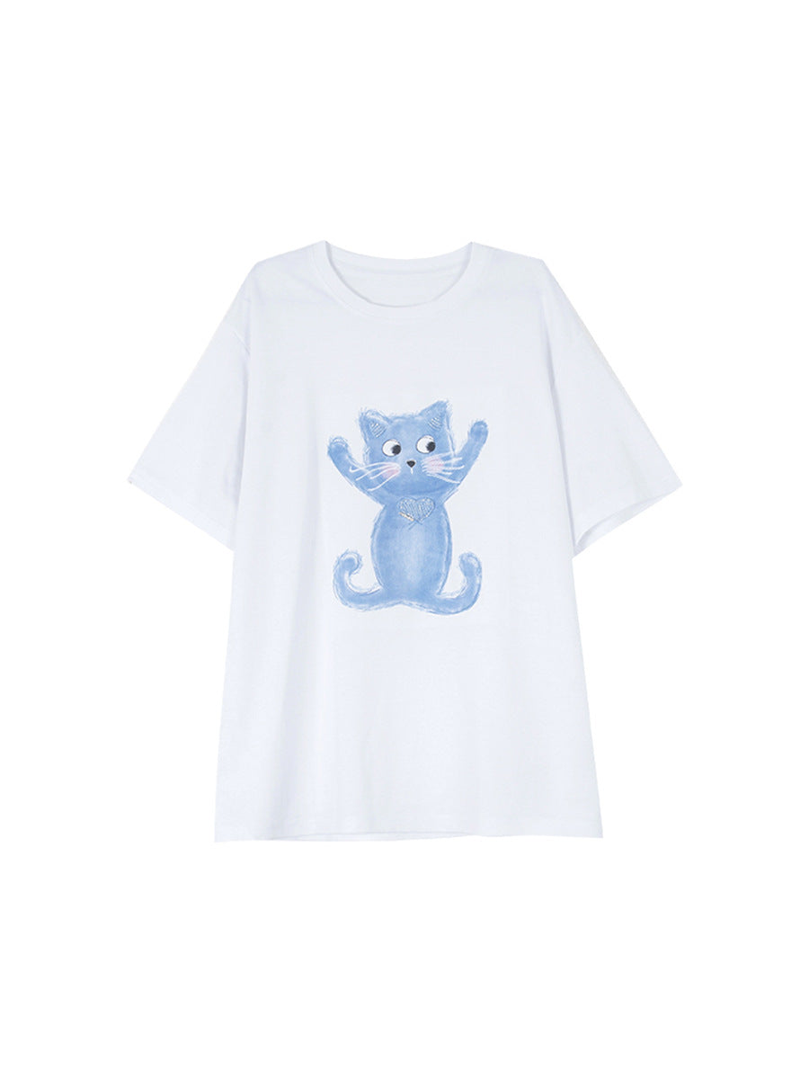 Dame T-shirt med kreativ kattemotiv og afslappet snit Stilla