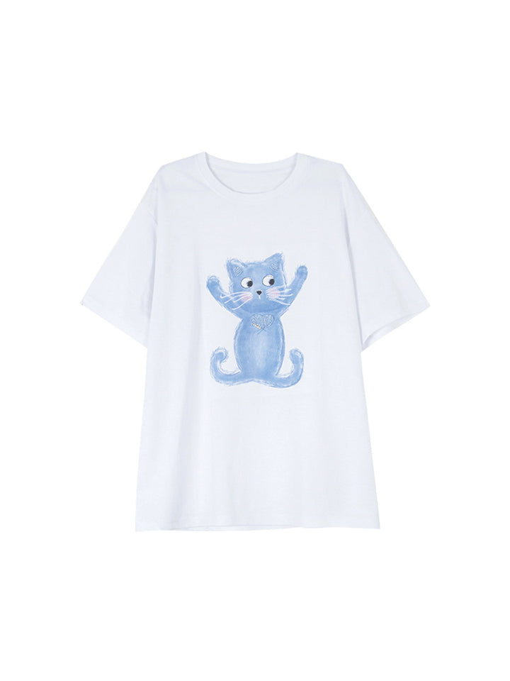 Dame T-shirt med kreativ kattemotiv og afslappet snit Stilla