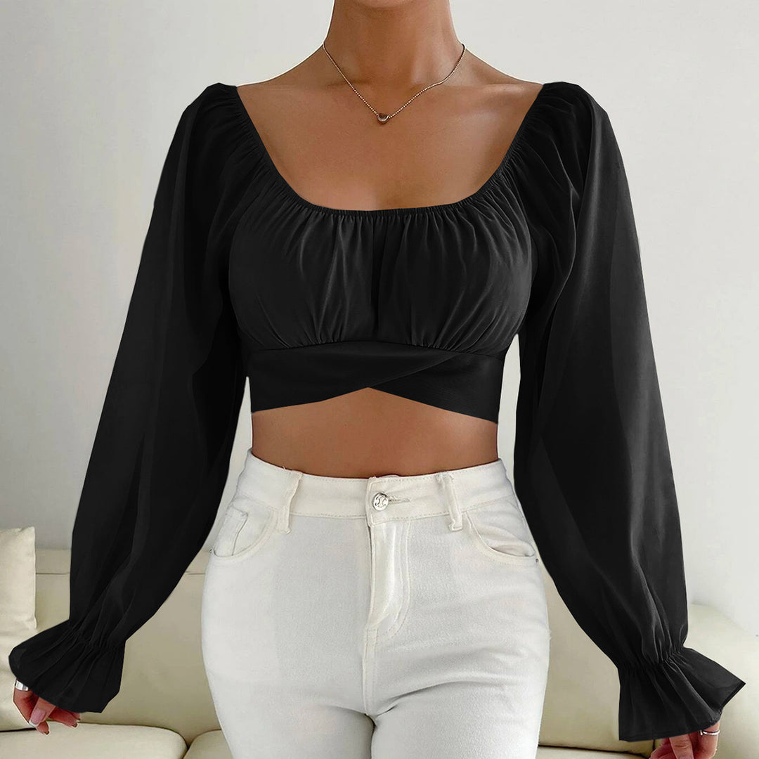 Damer cropped bluse med puffærmer og raffineret snit Skovae