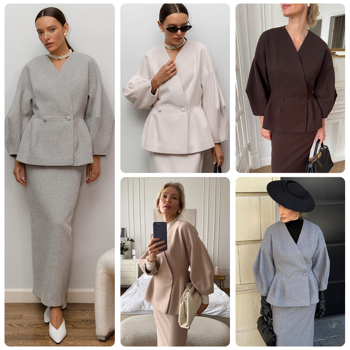 Dame Elegant Blyantkjole med Chic Blazer Top og Puffærmer Skovae