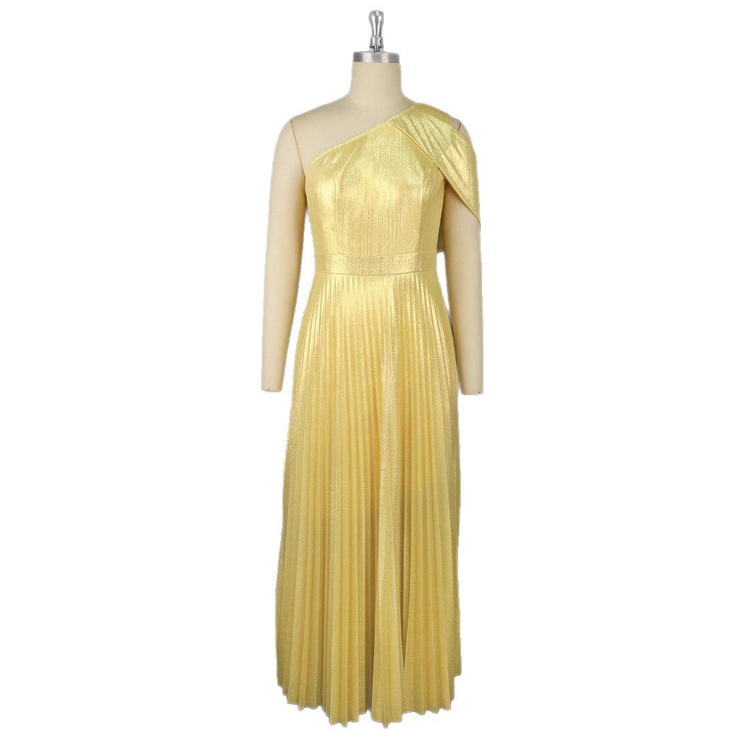 Dame Elegant Maxi-kjole med asymmetrisk skulderdesign og skinnende plisséstof Skovae
