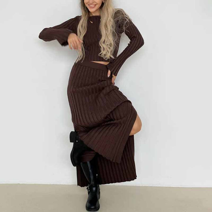 Dame Strik-Crop-Top med moderigtigt ribdesign og lange ærmer Stilla