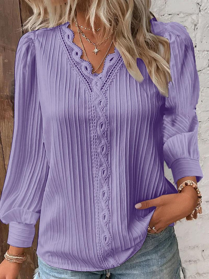 Dame Plisseret Bluser T-shirt med romantiske Spidsdetaljer Stilla