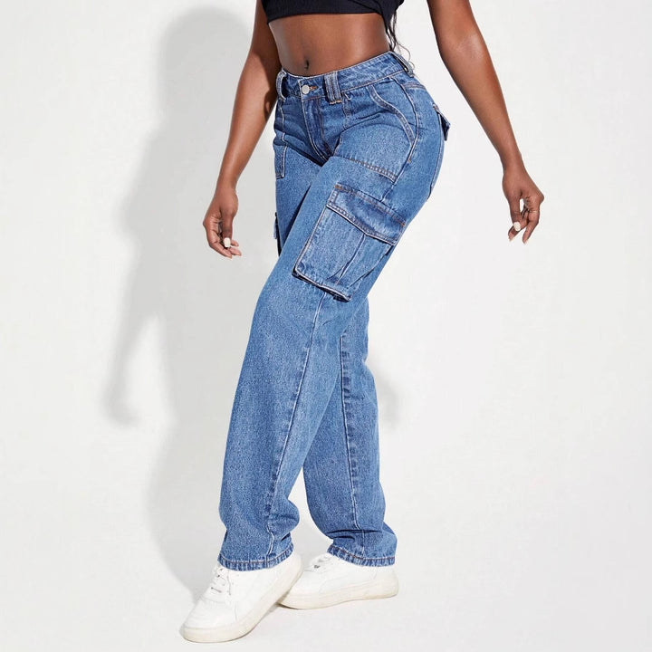 Dame cargo jeans med elastisk talje og innovativt design