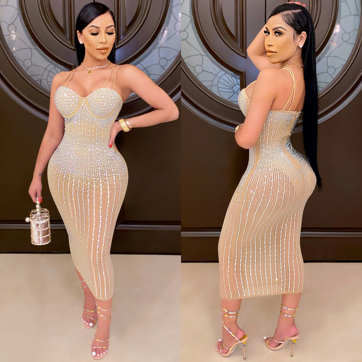 Dame Bodycon Midi Kjole med Strass dekoration Stilla