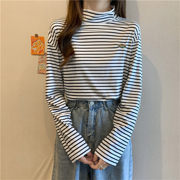 Femme Stribet Langærmet Mock-Neck-Top Stilla