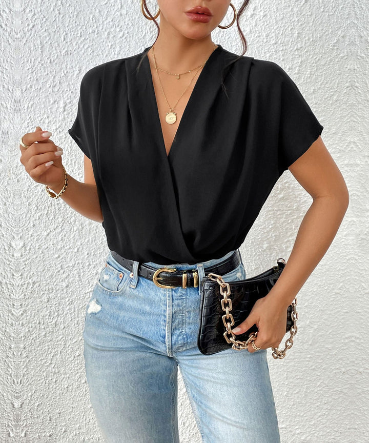 Dame elegant V-udskærings-bluse med korte ærmer Stilla