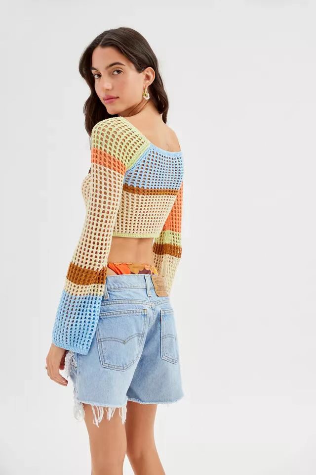 Dame hæklede Crop-Top med brede ærmer og farverige striber Skovae