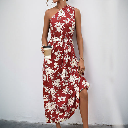 Dame Floral En-Skulder Maxi Kjole Stilla