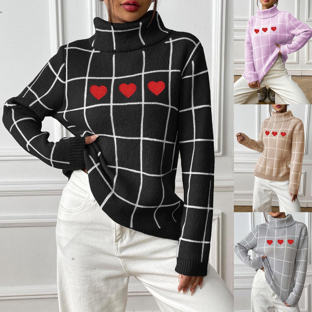 Damer rullekrave sweater med hjerte motiv og ternet design Stilla