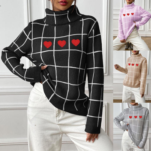 Damer rullekrave sweater med hjerte motiv og ternet design Stilla