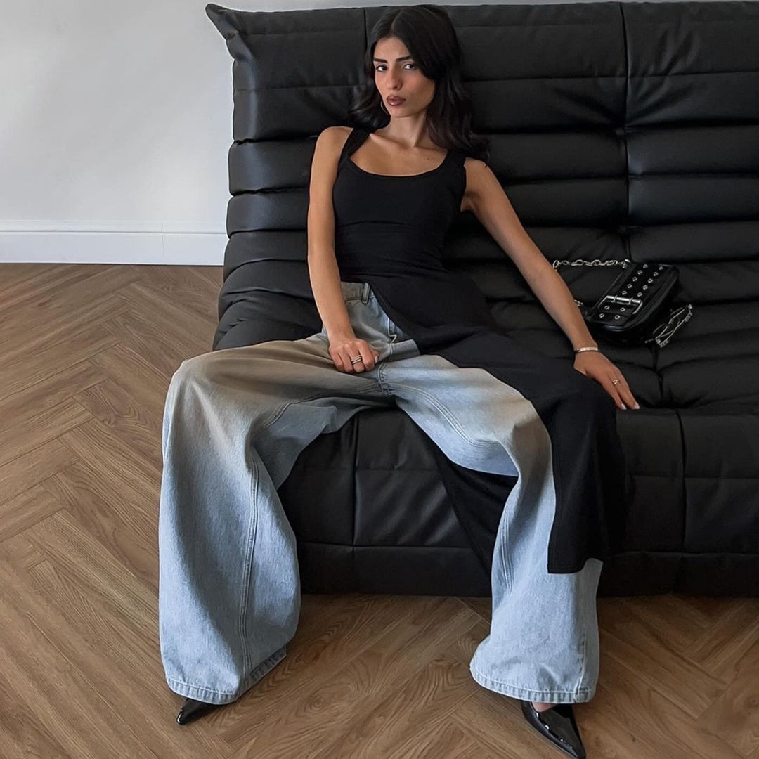 Dame Elegant Maxi-kjole med asymmetrisk jeansdesign Stilla
