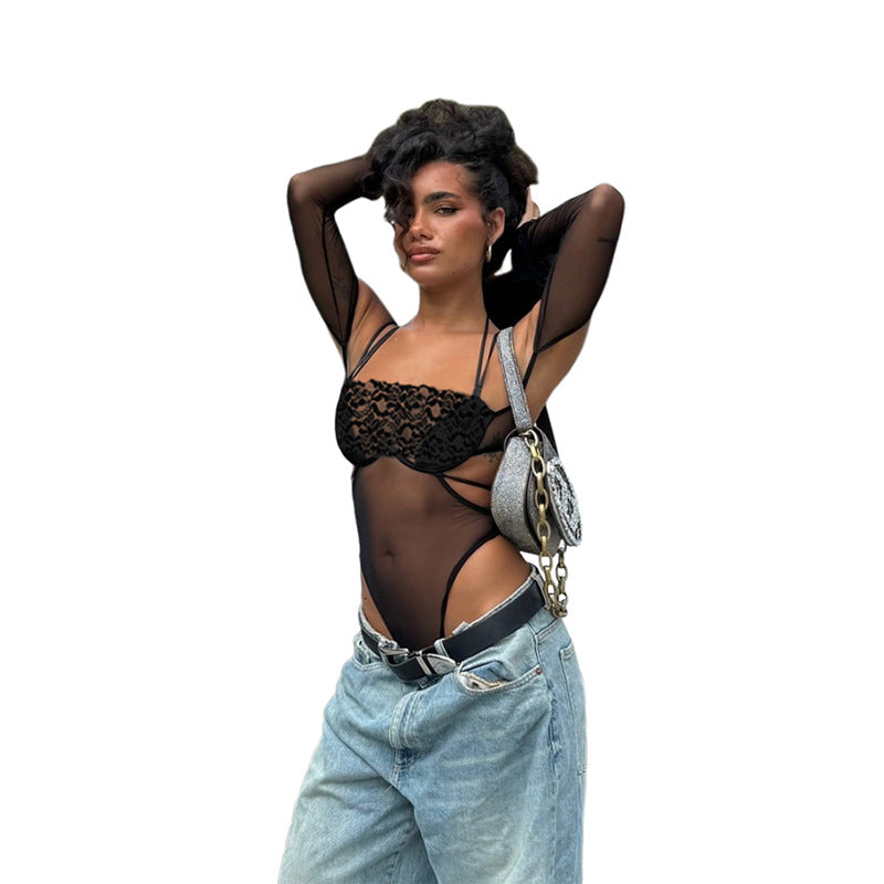 Dame one-piece bodysuit med elegant spidsdekoration og transparent udseende Skovae