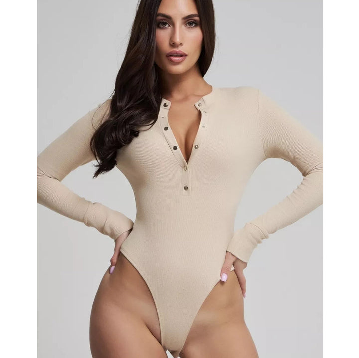 Dame langærmet bodysuit med knapdetaljer og dyb udskæring Stilla