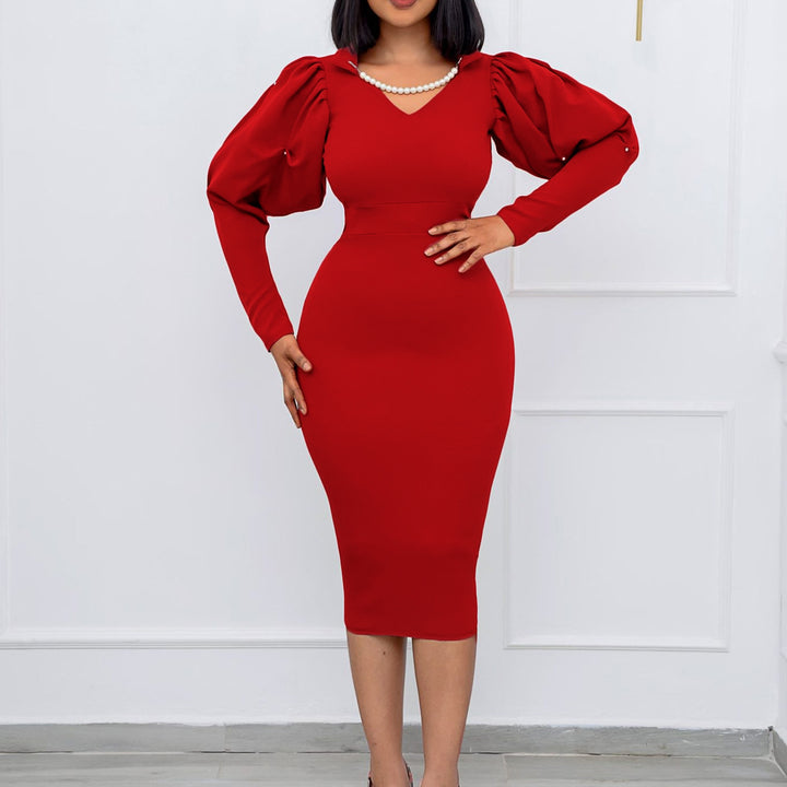 Dame Elegant pencil skirt kjole med voluminøse pufærmer og skinnende pynt Stilla