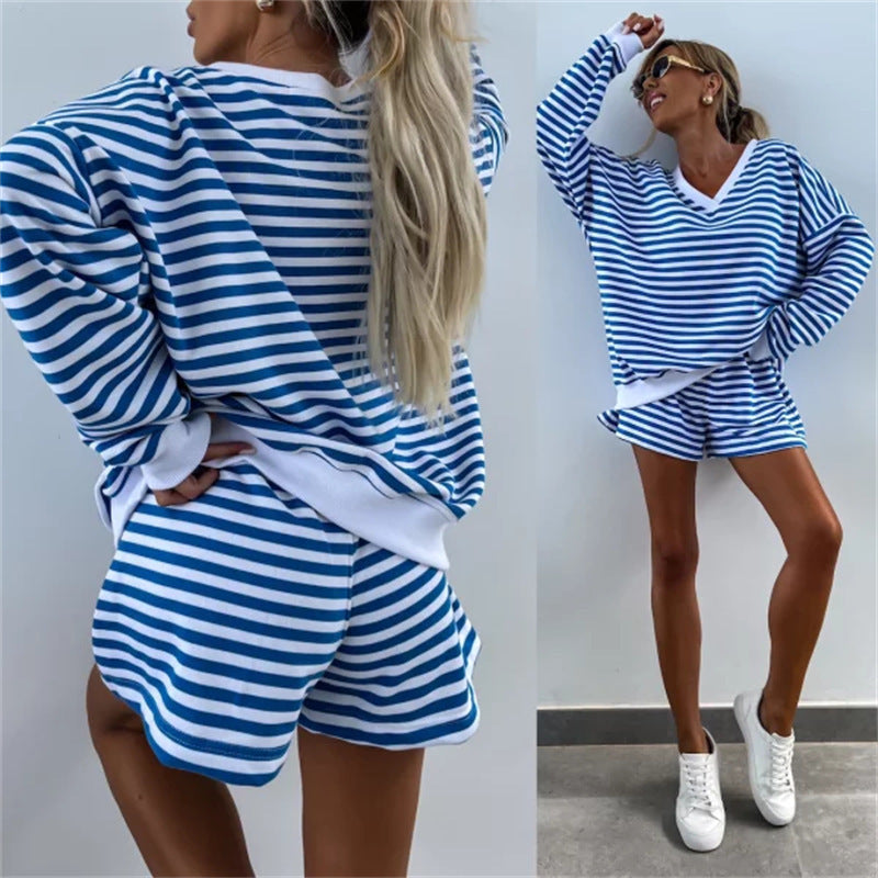 Kvinder Casual Stripe Sæt med V-hals og Korte Ærmer