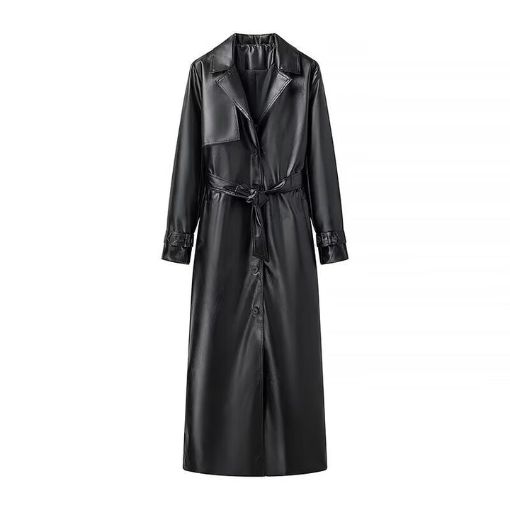 Dame elegant trenchcoat i kunstlæder med taljebælte Stilla