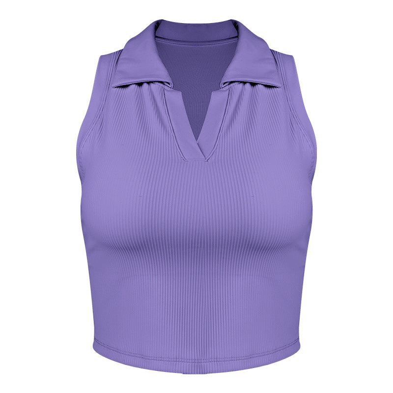 Dame sporty ærmeløs crop-top med elegant krave og innovativ tekstur Stilla